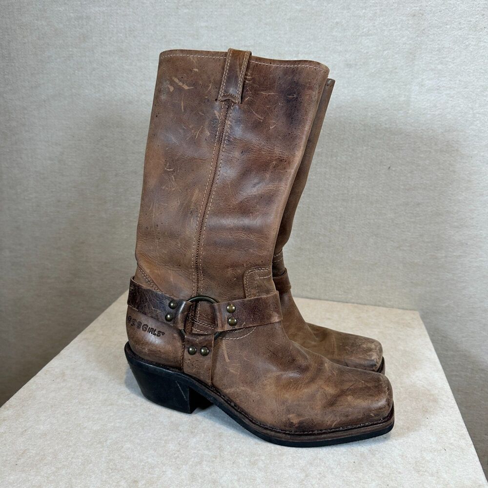 BCBGirls Y2K Distressed Brown Leather Harness Moto Boots Square Toe Womens 9.5